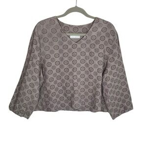 Bryn Walker Womens Large Linen V-Neck Boxy Medallion Print Top Mauve Made in USA